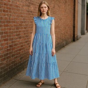 J.Crew Tiered Cotton Dobby ruffle dress cape‎ stripe preppy sz S